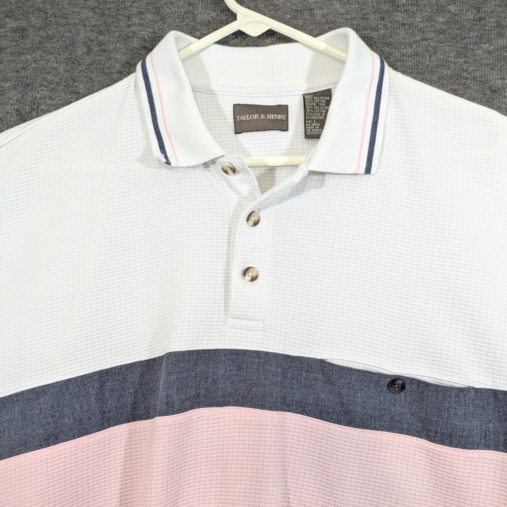 Taylor & Henry Polo Shirt Mens White Pink Gray Colorblock Banded Bottom Size L - Picture 3 of 7